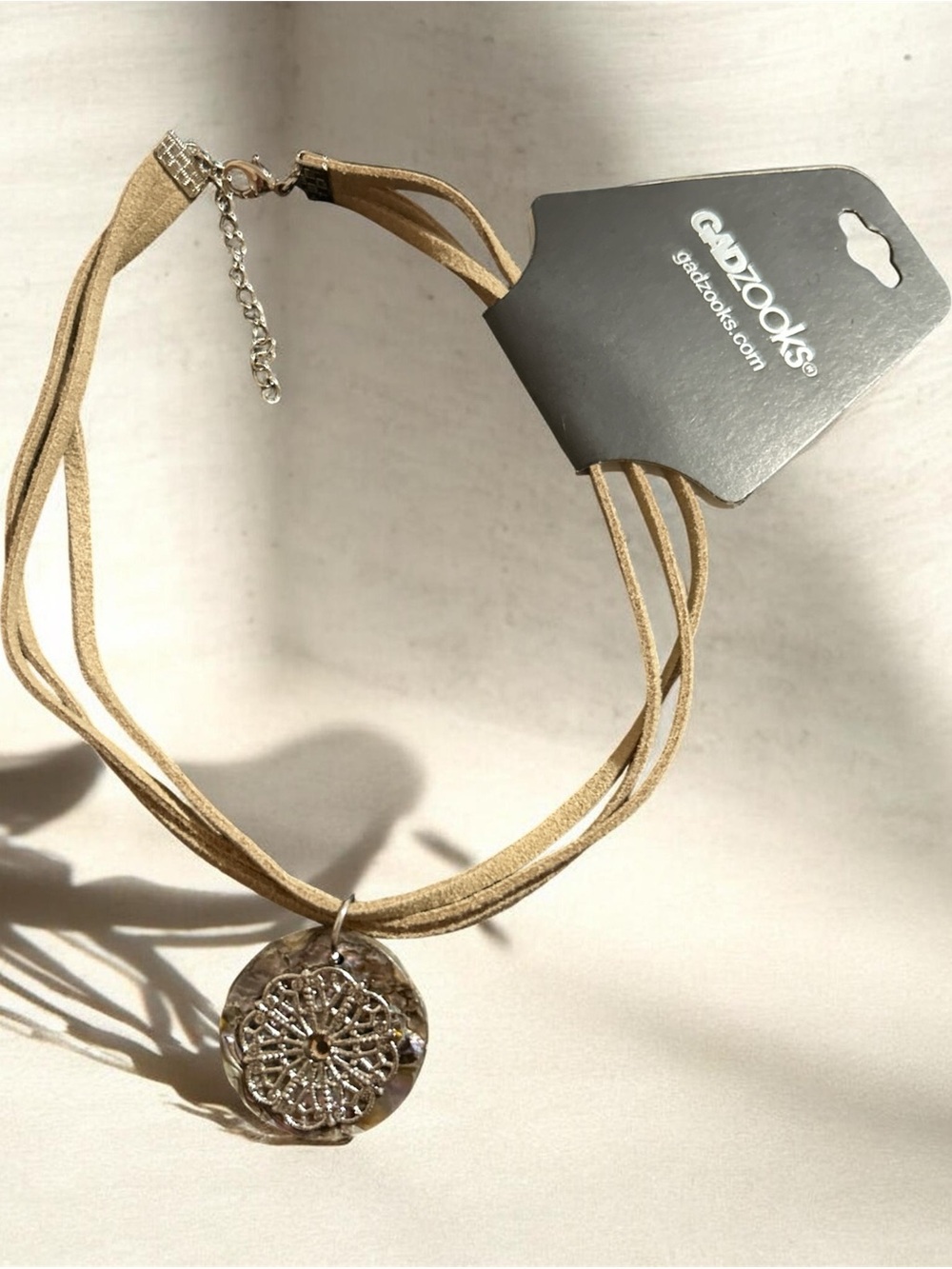 Beige Suede Choker Necklace with Iridescent Pendant
